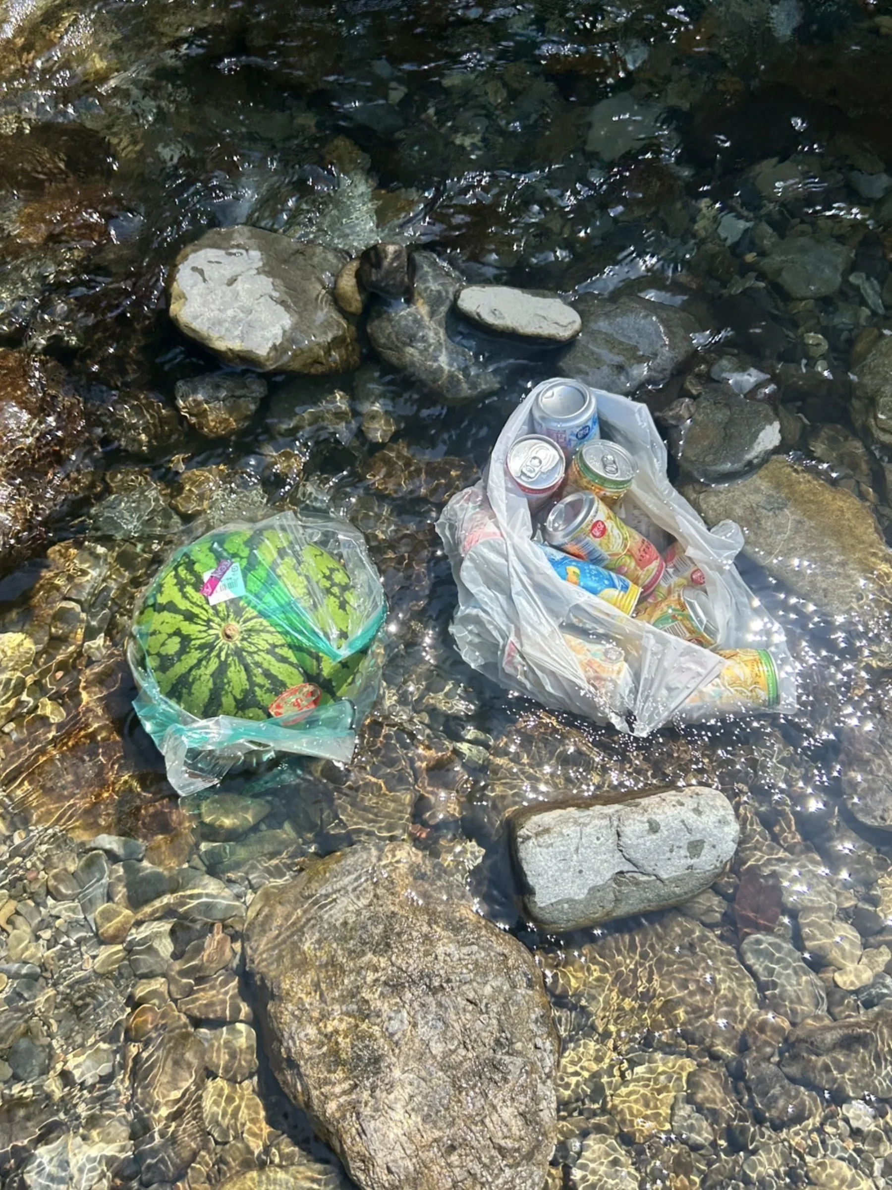 水辺に置かれたスイカと飲み物